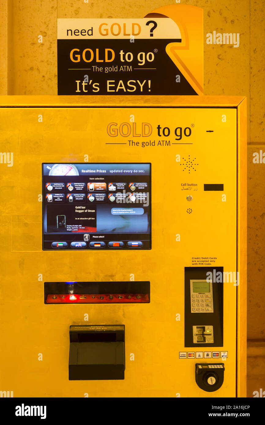 DUBAI - Golden jewelry for sale from an ATM inside the Atlantis hotel on the Palm Jumeirah. Stock Photo