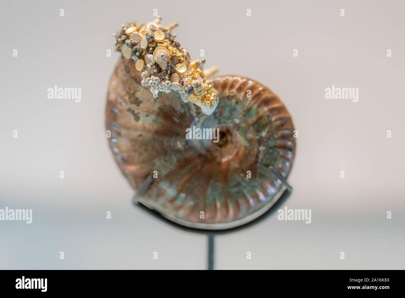 London, UK. 24th Sept, 2019. Spiked Ammonite, pearlized 18 carat gold and silver designed by Romilly Saumarez Smith on display at Goldsmiths' Fair. Held annually at Goldsmiths' Hall, the fair is the UK's best selling event for designer-led contemporary jewellery and silverware. Credit: Guy Corbishley/Alamy Live News Stock Photo