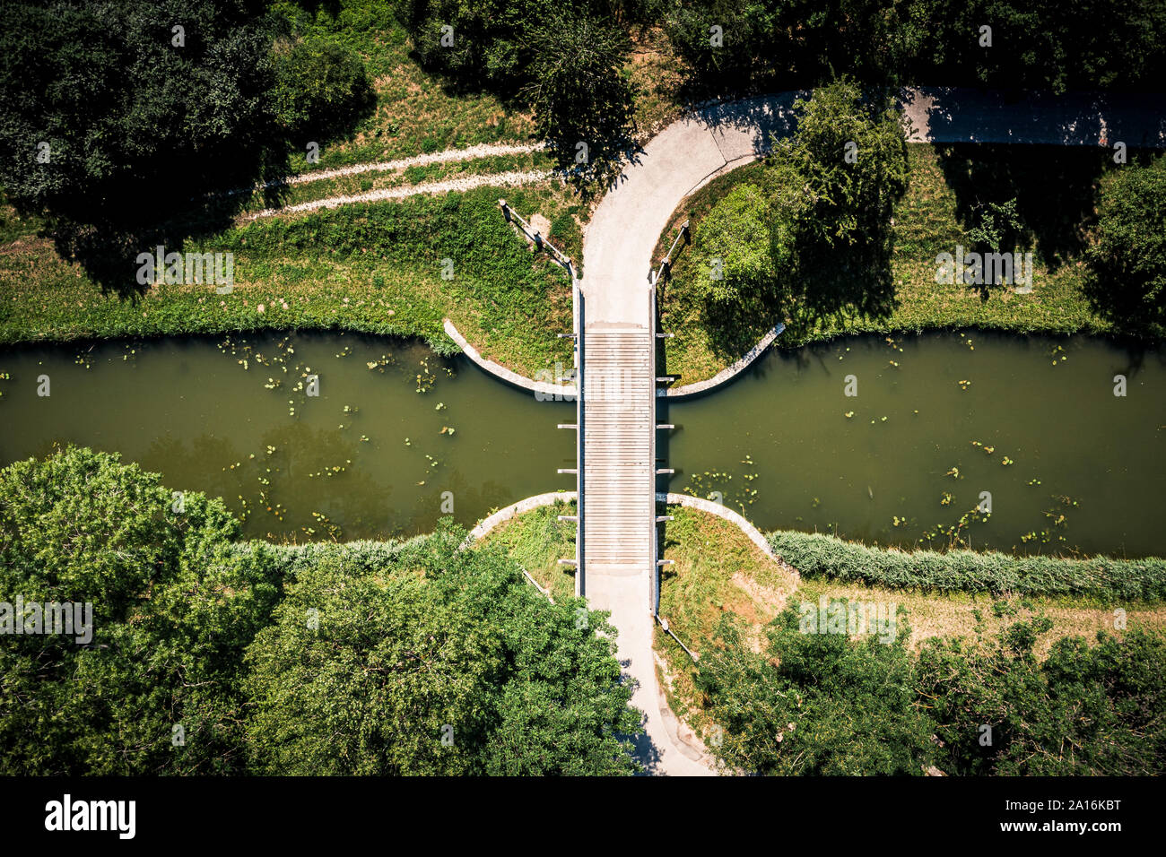 Aerial view of a historic sluice at Ludwig-Danube-Main-Canal Stock Photo