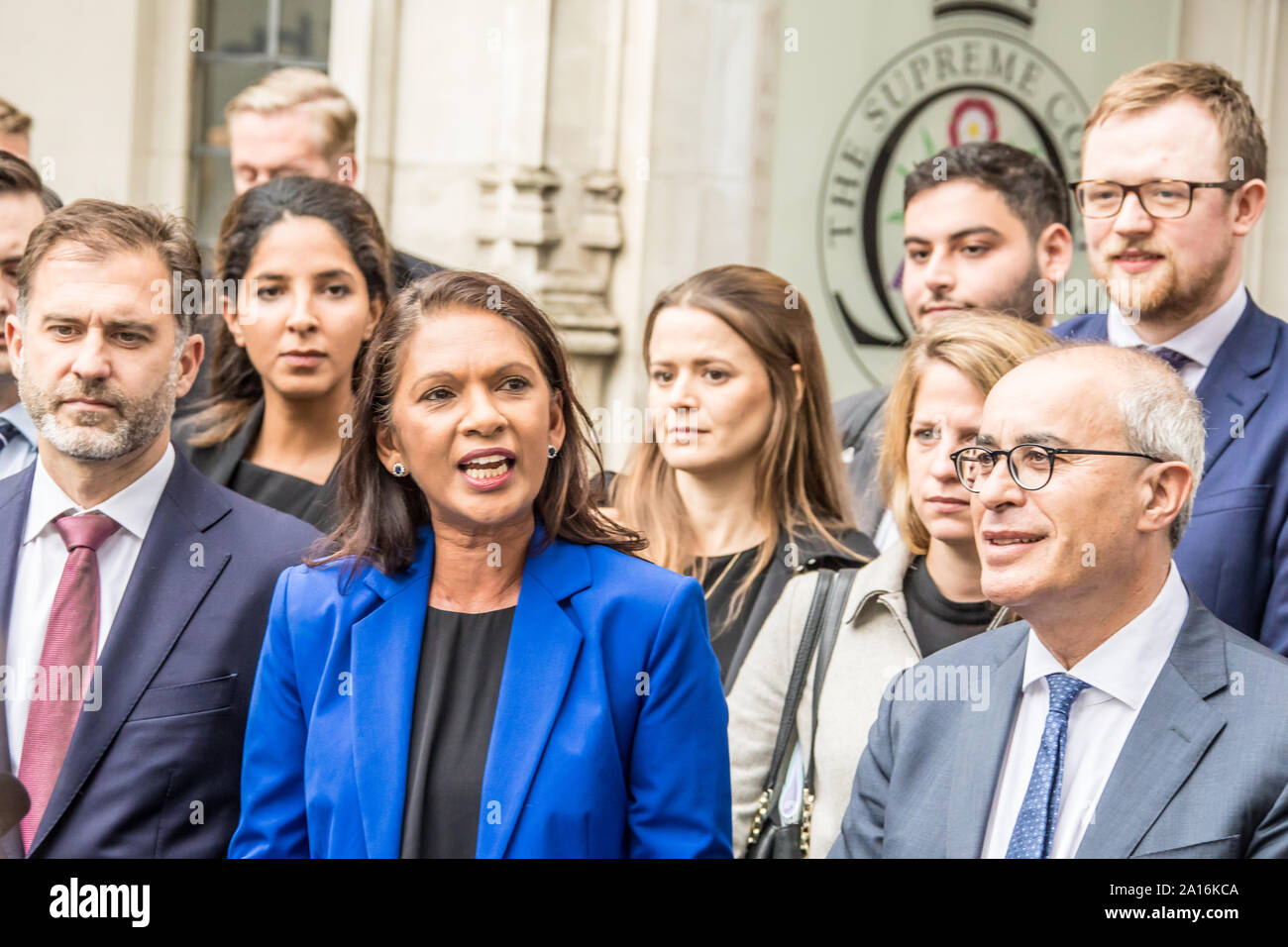 London, UK. 24th Sep, 2019. Gina Miller addresses the media outside The Supreme Court after 11 judges had unanimously ruled that the Boris Johnson's Government acted unlawful in their proroguation of Parliament. Credit: David Rowe/Alamy Live News Stock Photo