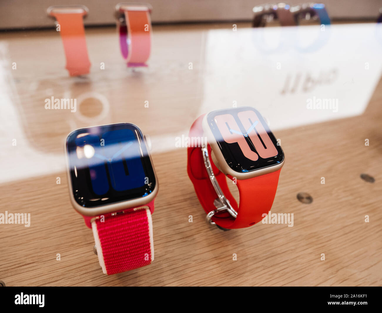 Paris, France - Sep 20, 2019: New faces on aluminum new wearable Apple Watch  Series 5 presentation sale in Apple Store with watchOS 6 and new OLED  display, which can stay always on Stock Photo - Alamy