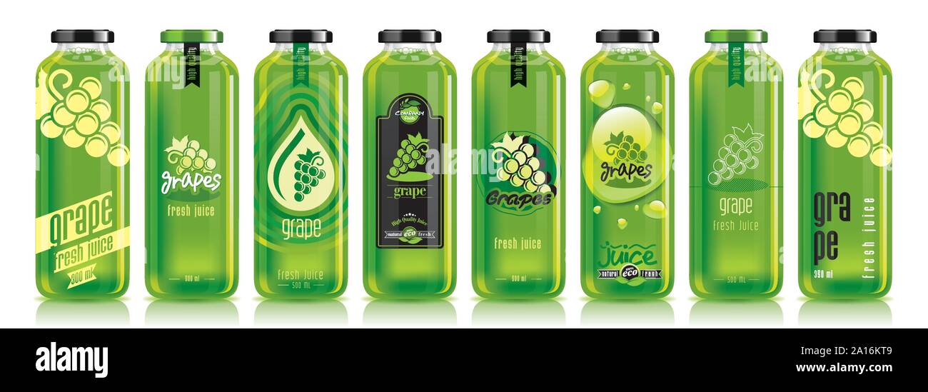 Vector grape juice, glass fruit bottle set Stock Vector