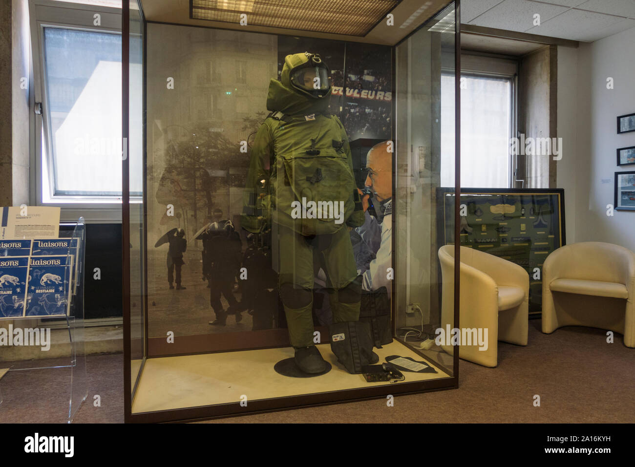 Paris, France - Sept 03, 2019: A bomb suit, Explosive Ordnance Disposal (EOD) suit or a blast suit in the Exhibition in the  'Musee de la Prefecture d Stock Photo