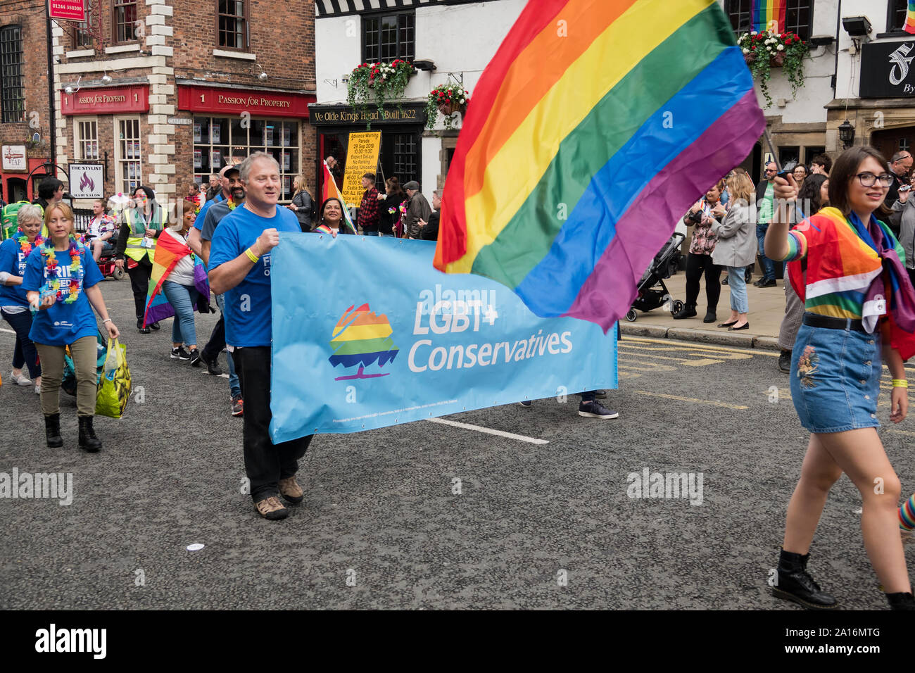 a banner from the LGBT Conservatives at the 2019 Chester Pride Festival Stock Photo