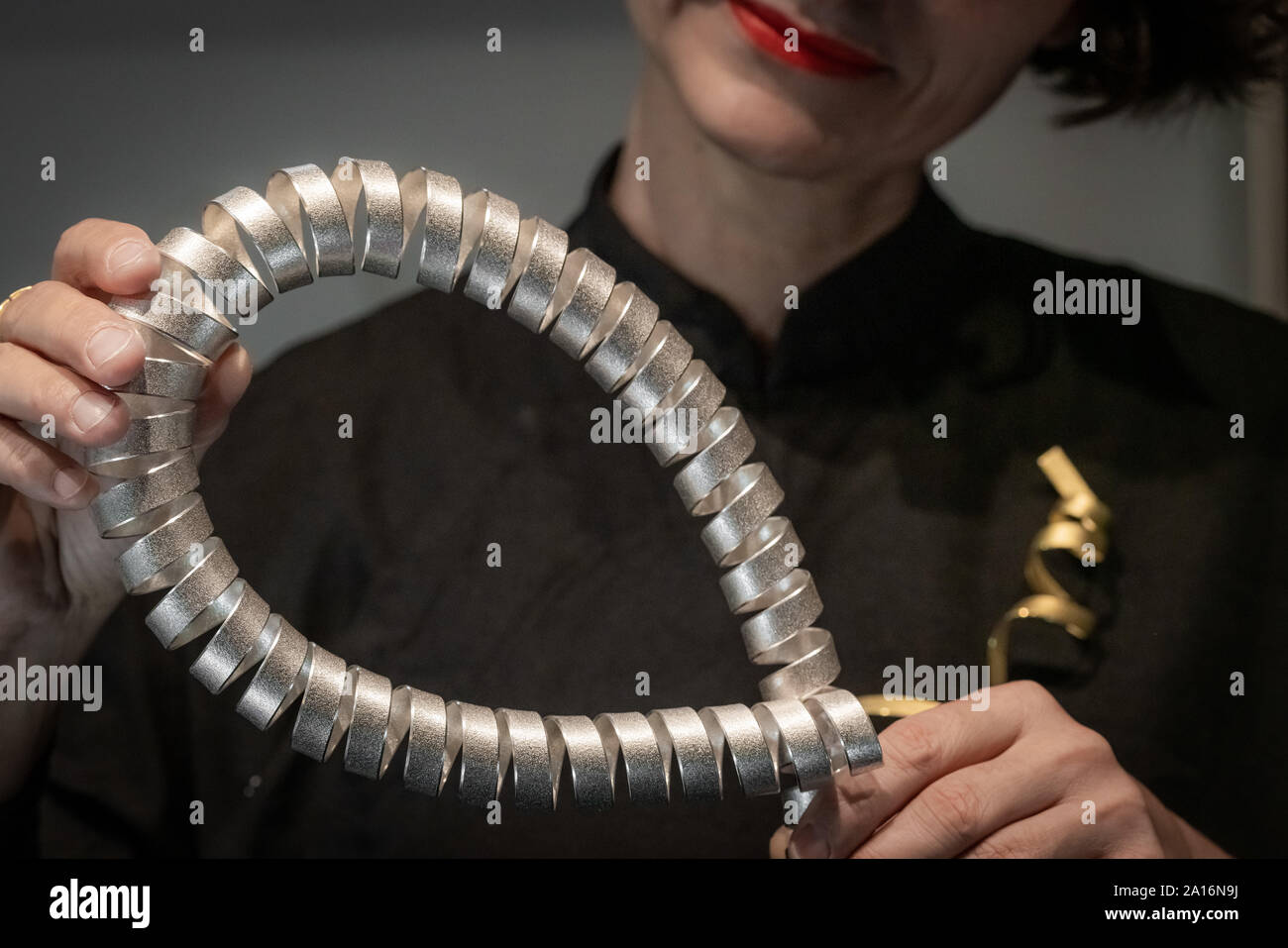 London, UK. 24th Sept, 2019. Spiral Neck Sculpture by Ute Decker on display at Goldsmiths' Fair. Held annually at Goldsmiths' Hall, the fair is the UK's best selling event for designer-led contemporary jewellery and silverware. Credit: Guy Corbishley/Alamy Live News Stock Photo
