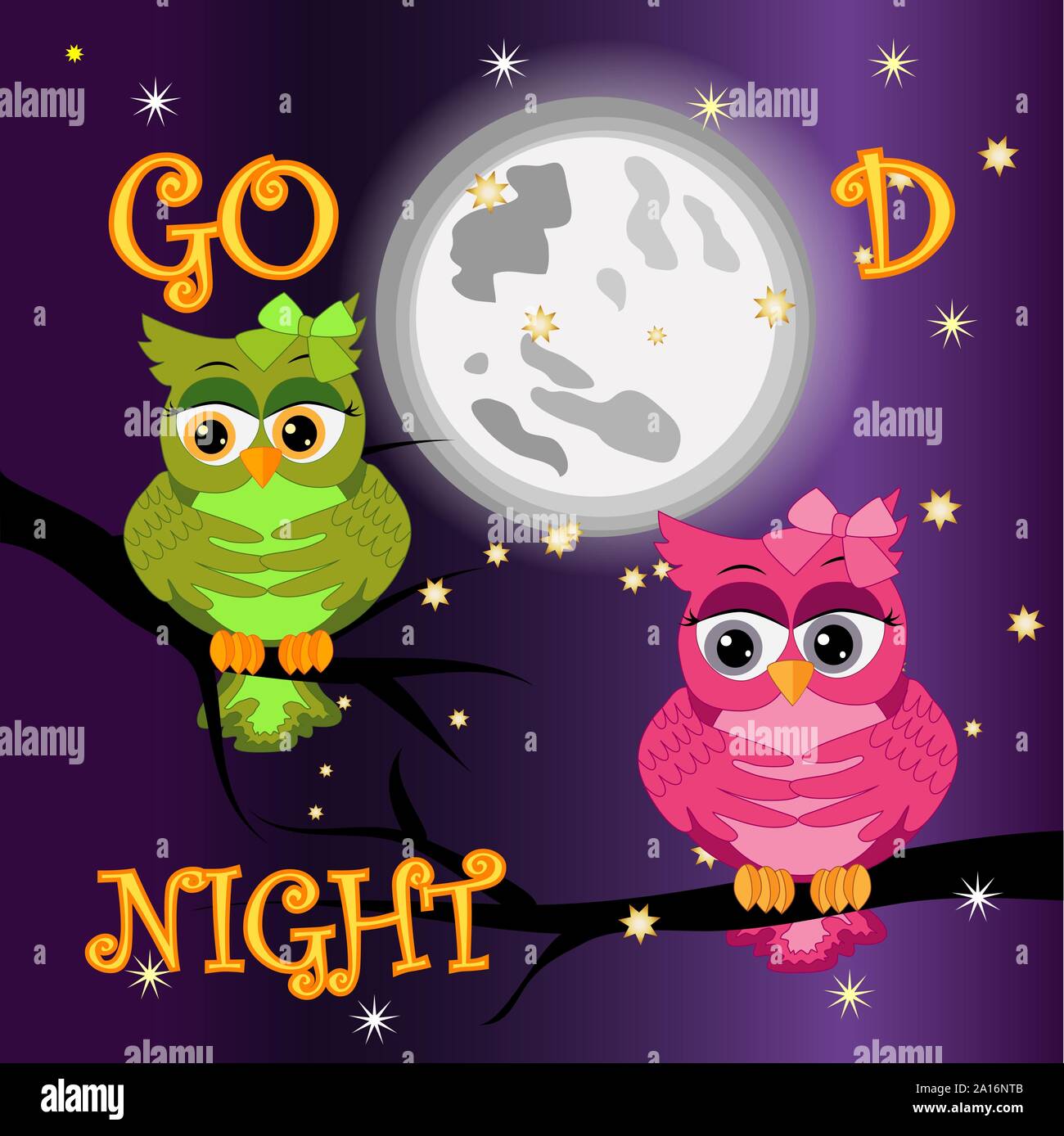 Good night card with sleeping moon and cute owl Stock Vector Image