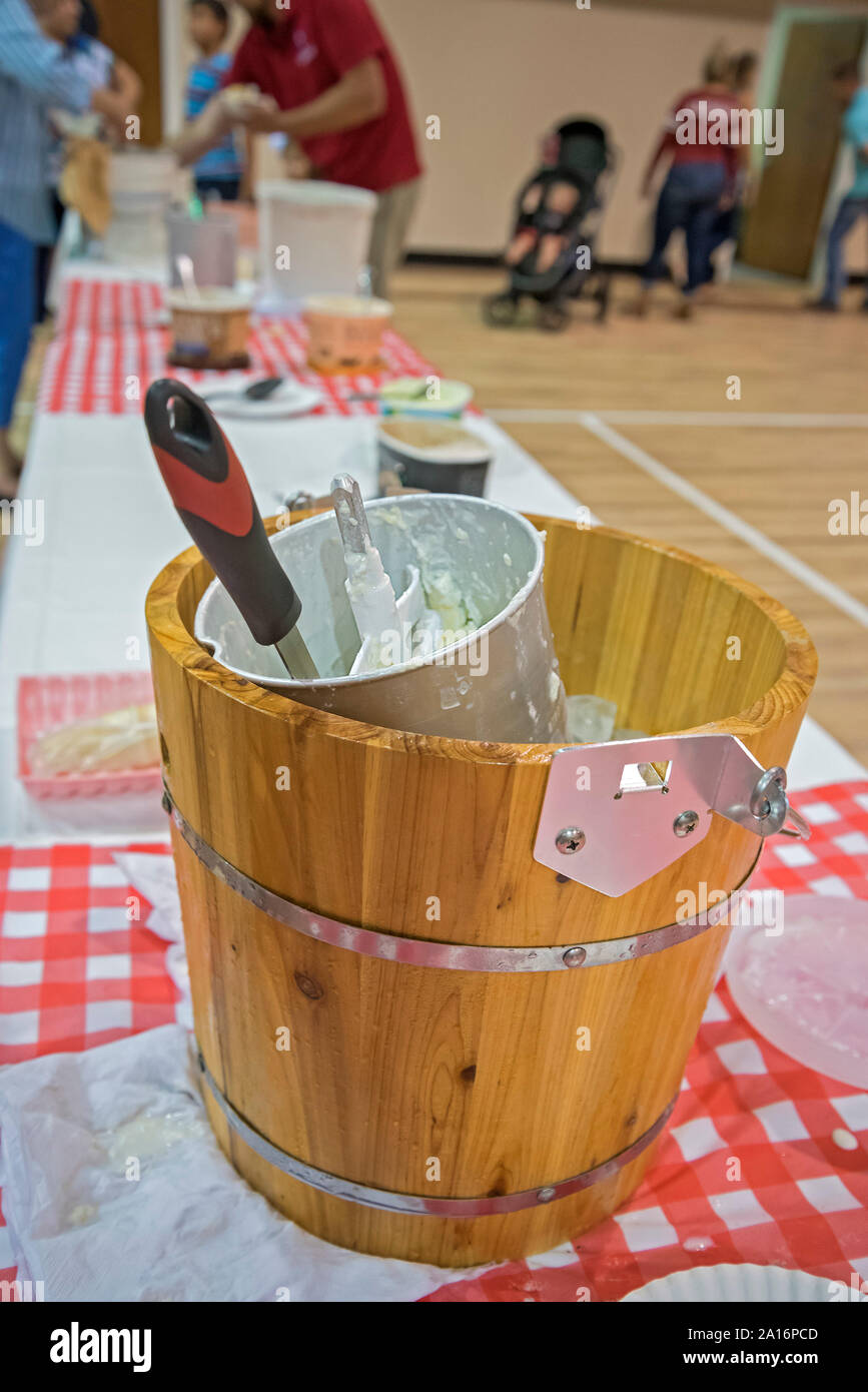 Hand churned Ice cream at an ice cream social at a church Stock Photo
