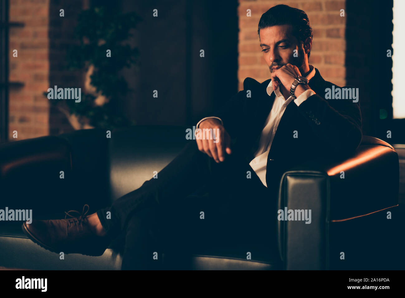 Half turn serious confident ambition concentrated focused handso Stock Photo