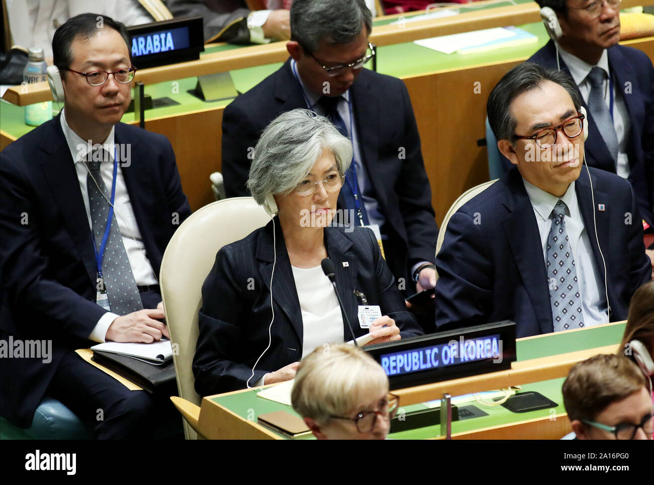 New York, United States. 24th Sep, 2019. South Korea's Foreign Minister Kang Kyung-wha, second left, listens to speakers at the 74th General Debate at the United Nations General Assembly at United Nations Headquarters in New York City on Tuesday, September 24, 2019. Photo by Monika Graff/UPI Credit: UPI/Alamy Live News Stock Photo