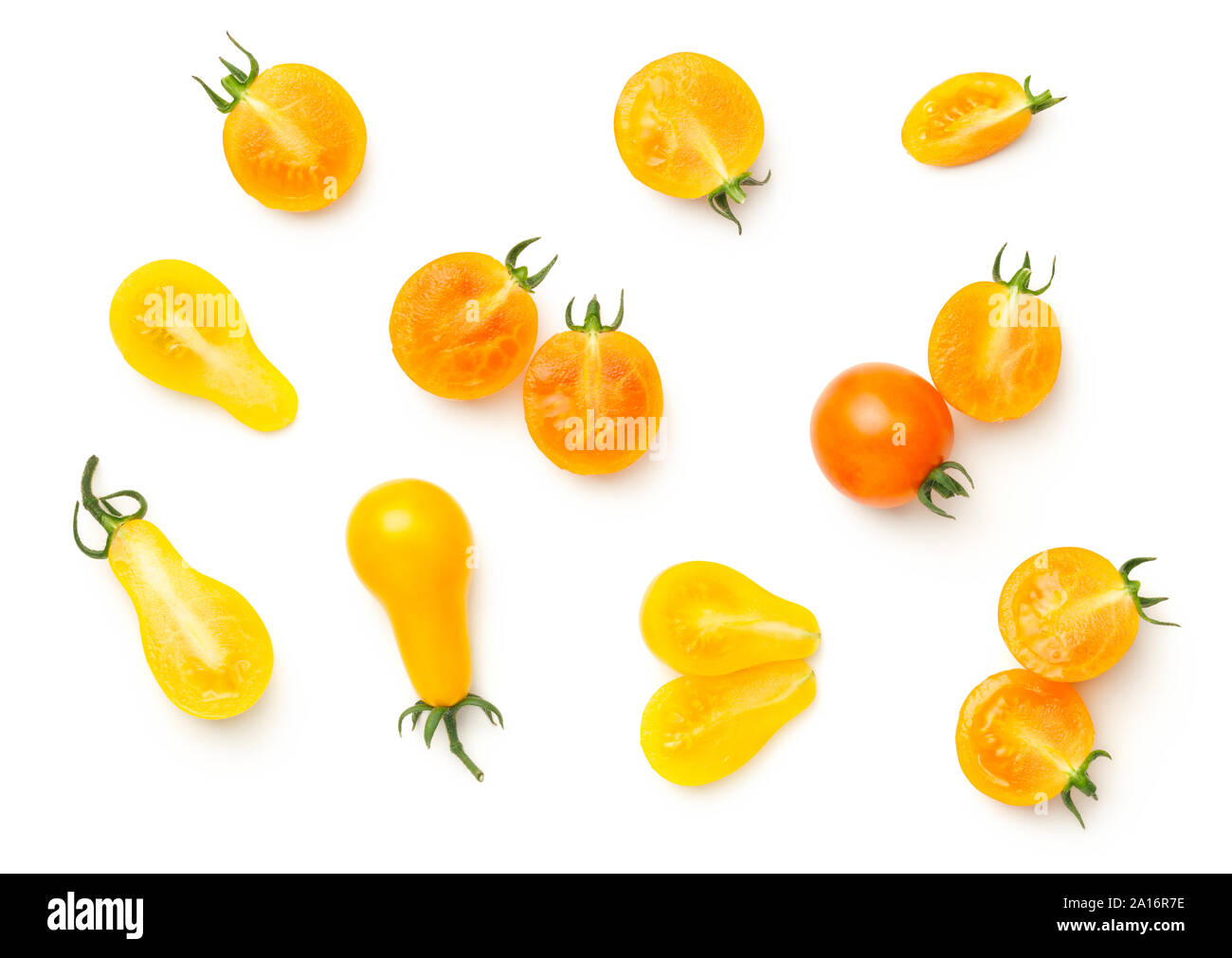 Cherry tomatoes isolated on white background. Yellow pear, isis candy cherry tomato. Top view, flat lay Stock Photo
