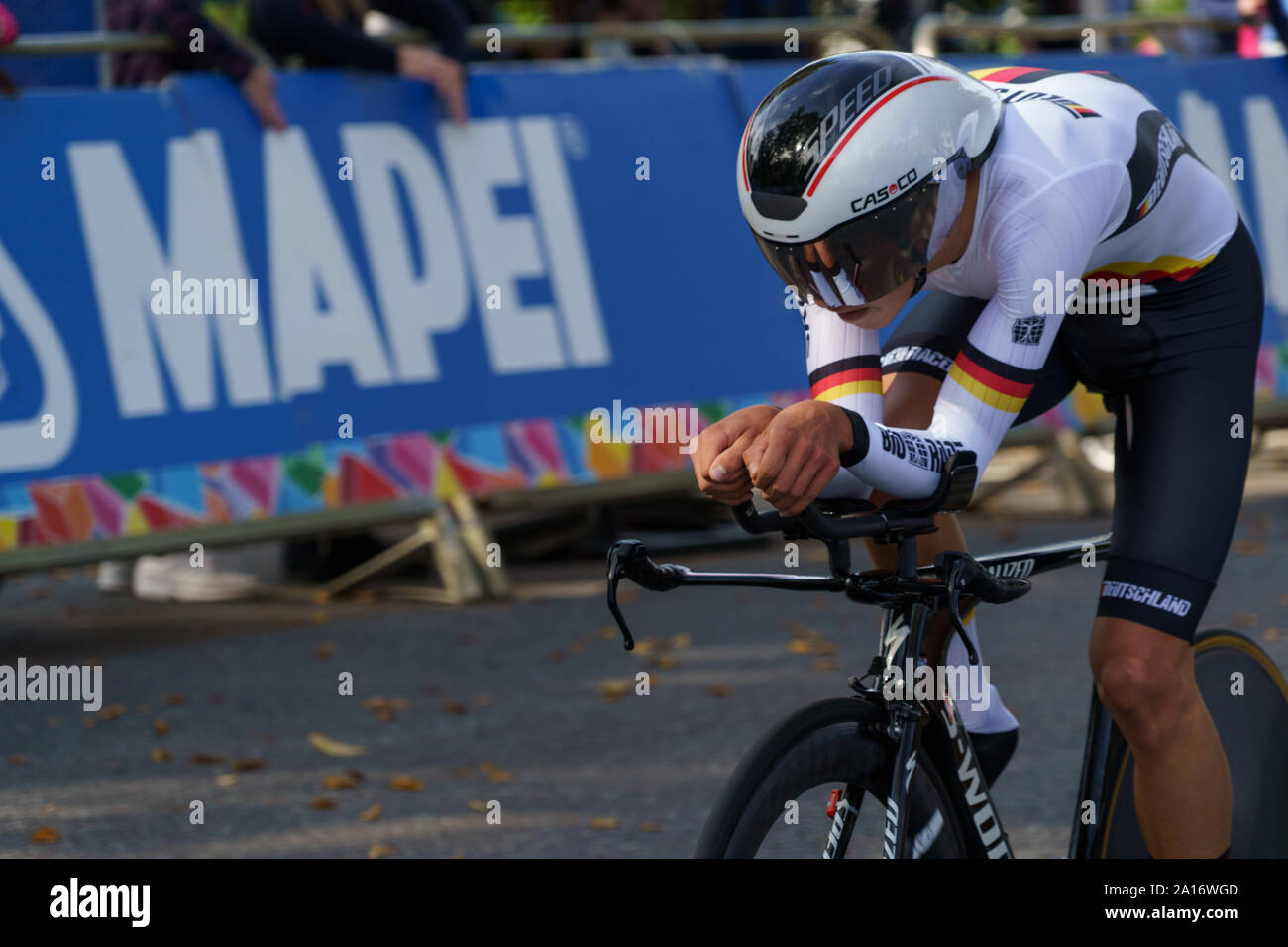 German Cyclist competing in Men's Junior Individual Time Trial, UCI 2019 Road World Championships, Harrogate, North Yorkshire, England, UK. Stock Photo