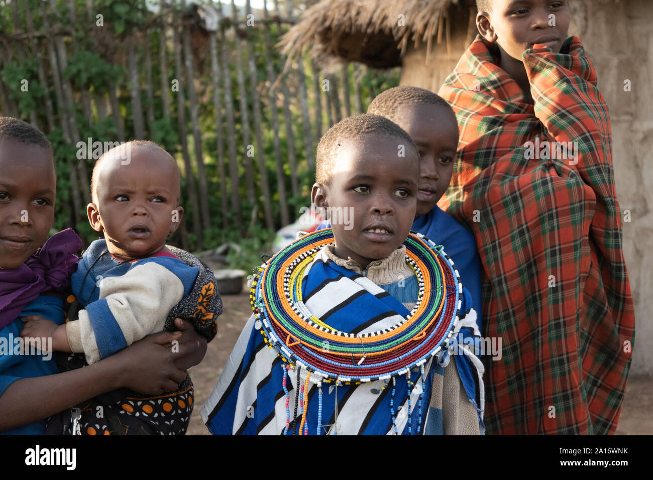 Masai children in traditional dress are responsible for younger siblings in  village Stock Photo - Alamy