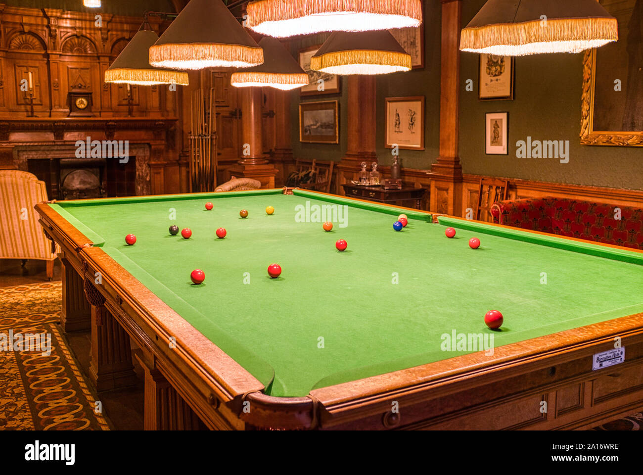 Snooker table in the snooker room at Cragside House, Northumberland, UK Stock Photo