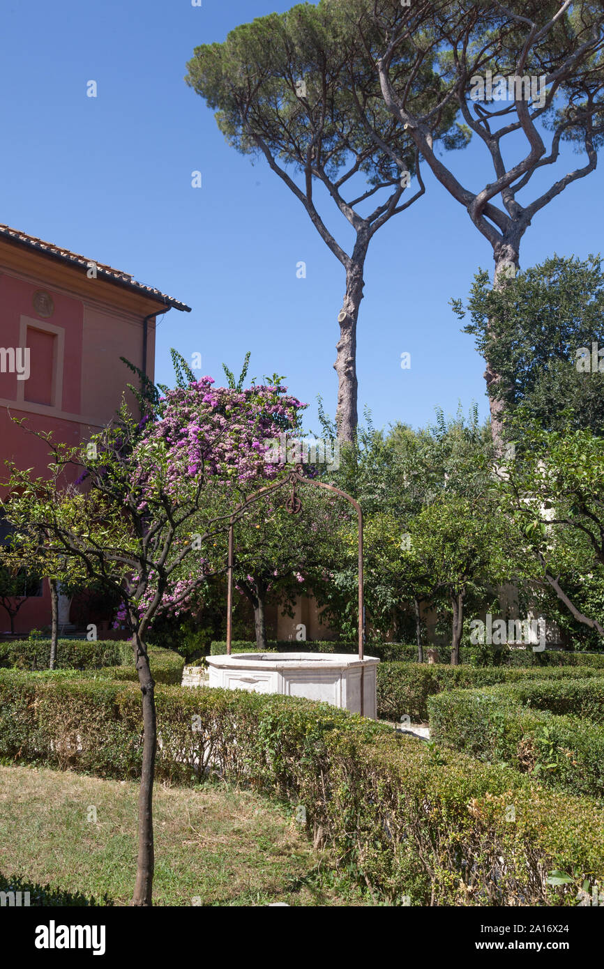 Courtyard of Museo Pietro Canonica a Villa Borghese with Italian Stone or Umbrella Pine trees, Rome, Italy Stock Photo