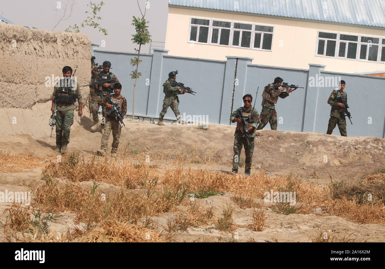 Shiberghan, Afghanistan. 24th Sep, 2019. Afghan security force members take part in a military operation in Faizabad district of Jawzjan province, northern Afghanistan, Sept. 24, 2019. The Afghan National Defense and Security Forces (ANDSF) has beefed up security operations against militants recently as militants launched massive attacks against cities and districts across the country. Credit: Mohammad Jan Aria/Xinhua Stock Photo