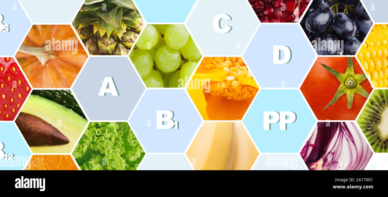 Creative collage with fresh fruits and vegetables with ABCD Stock Photo
