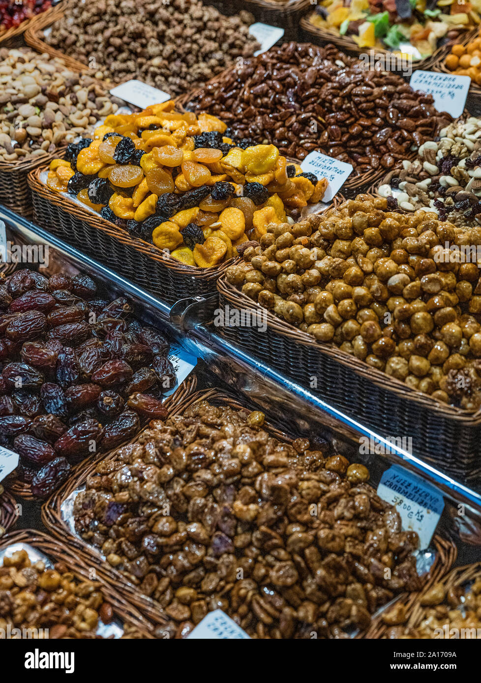 Dried fruit and nuts,  Boqueria Market, Barcelona, Spain. Stock Photo