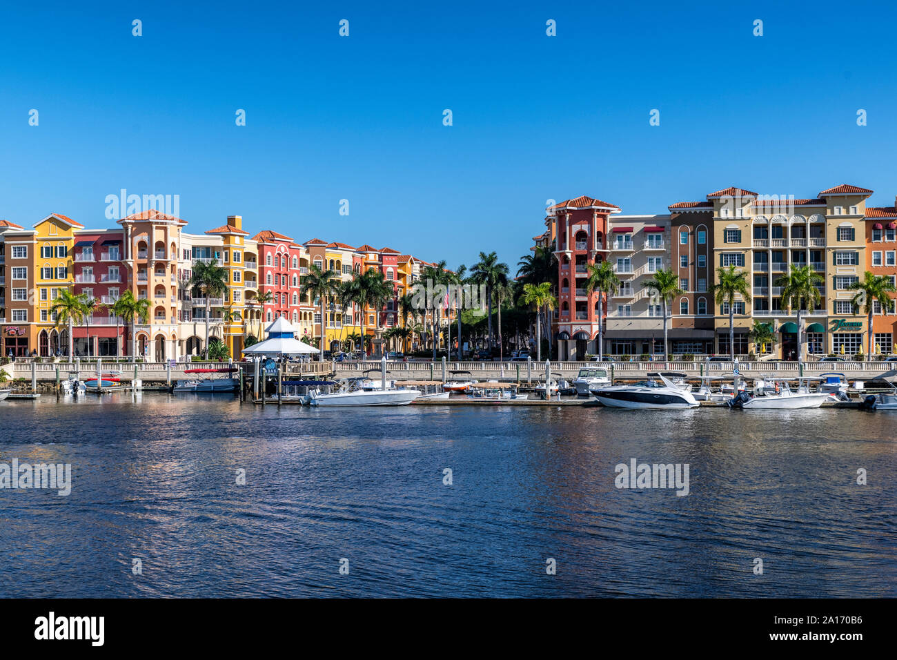 Bayfront, shops and condominiums on the waterfront, Naples, Florida, USA. Stock Photo
