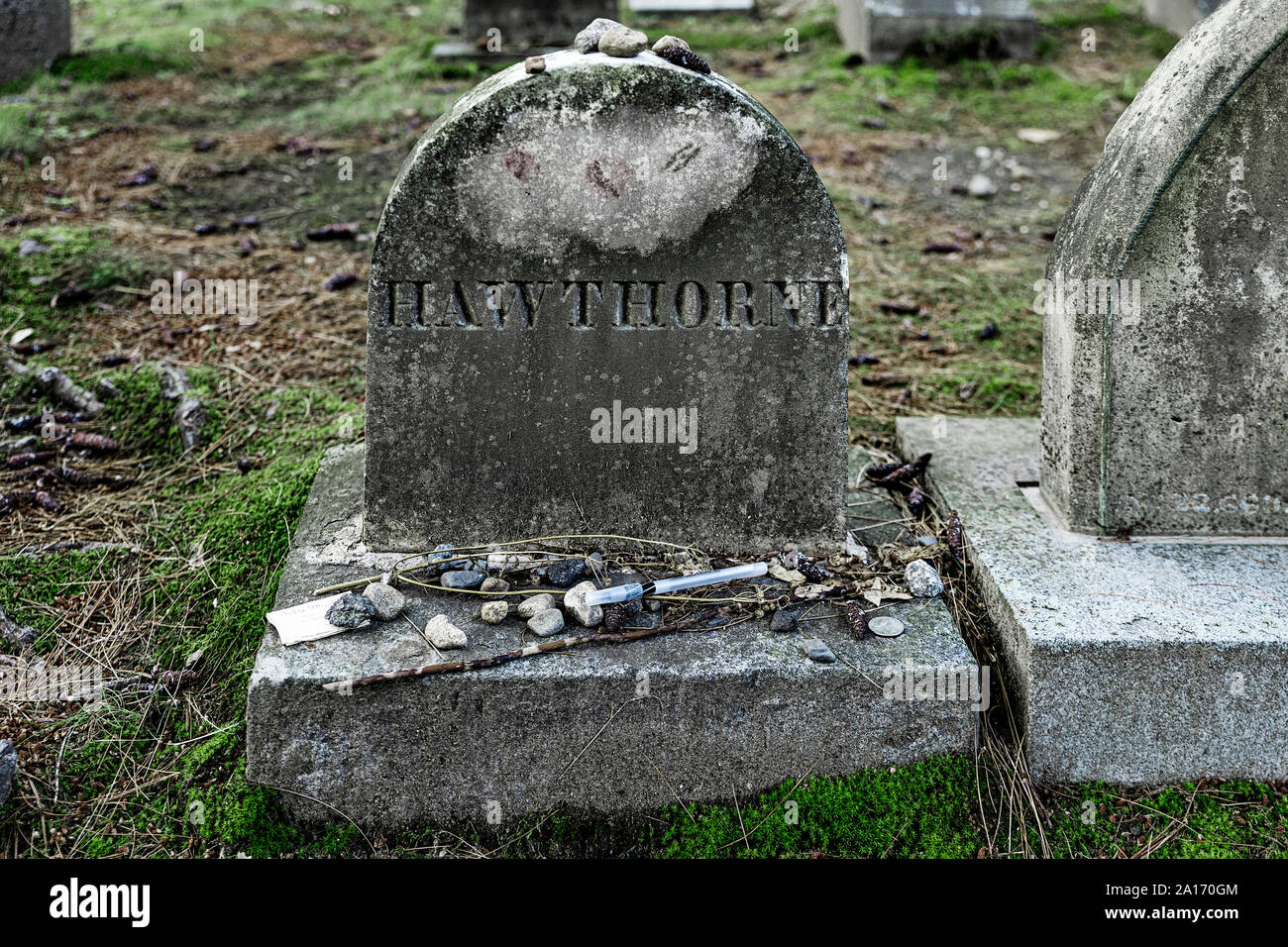 Grave site of Nathanial Hawthorne, Sleepy Hollow Cemetery, Concord, Massachusetts, USA Stock Photo