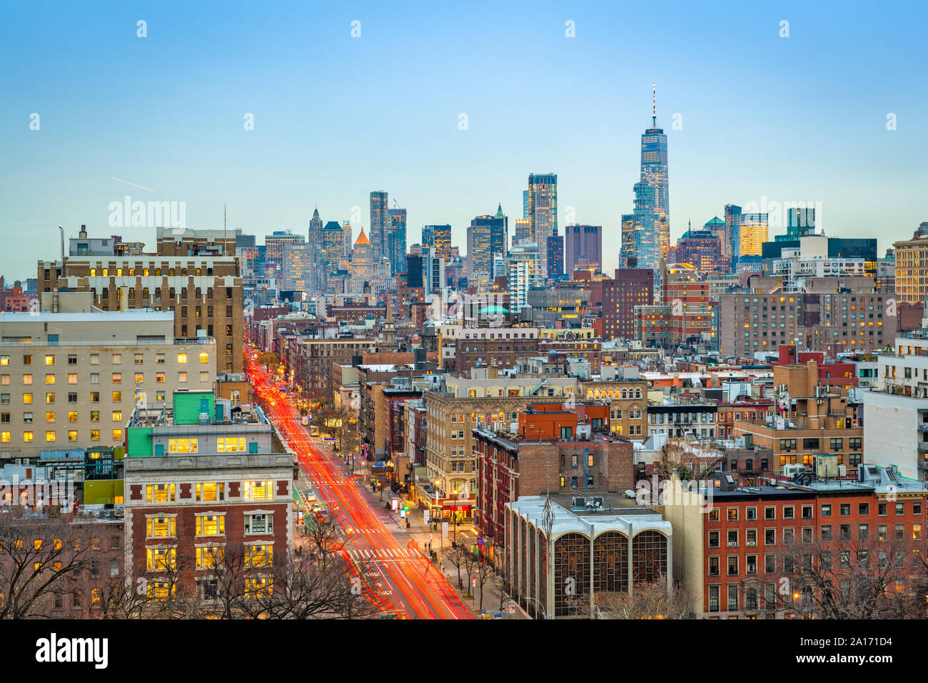 New York, New York, USA over the downtown Manhattan skyline at twilight. Stock Photo