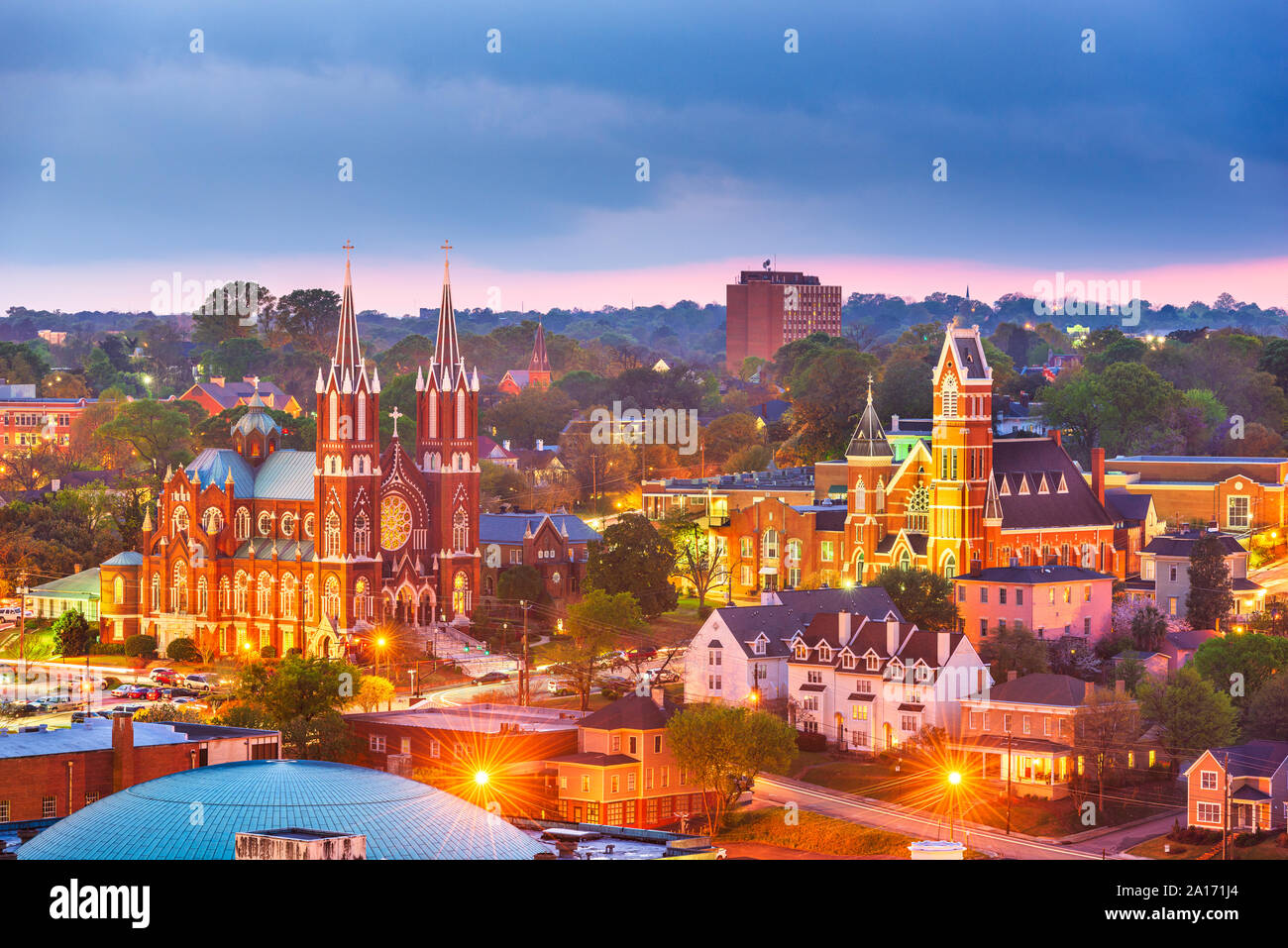 Macon, USA historic downtown churches at dusk Stock Photo Alamy