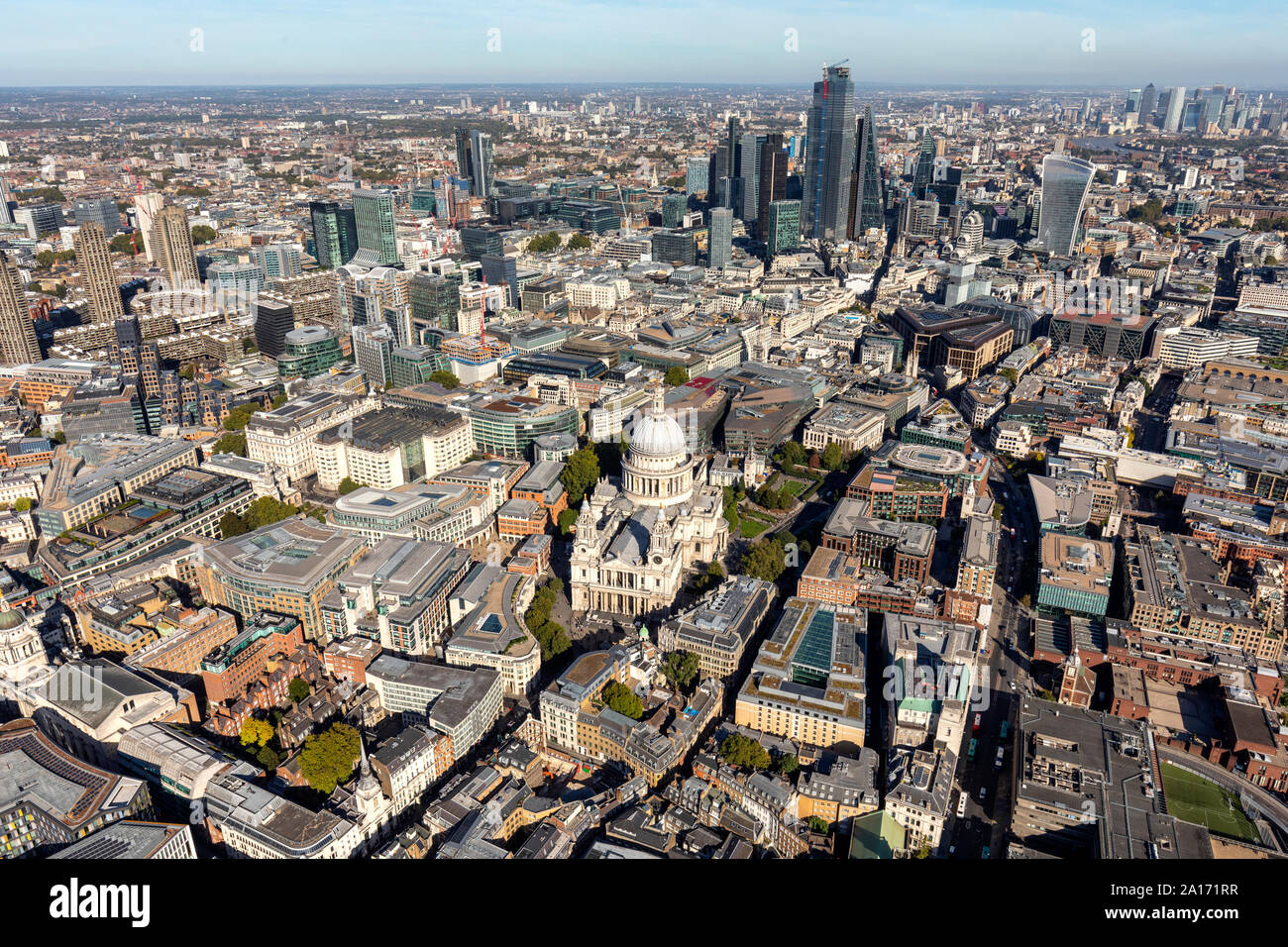 September 2019, Aerial Photography of the St Paul Cathedral and surroundings looking towards the City of London, UK Stock Photo