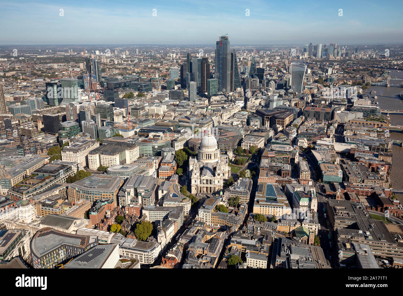 September 2019, Aerial Photography of the St Paul Cathedral and surroundings looking towards the City of London, UK Stock Photo