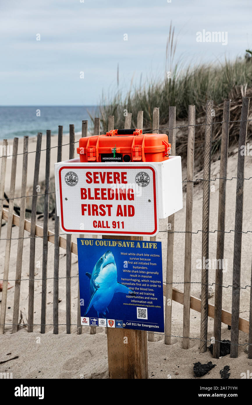Emergency shark bite kit located at Cape Cod area beaches, Truro, Cape Cod, Massachusetts, USA. Stock Photo