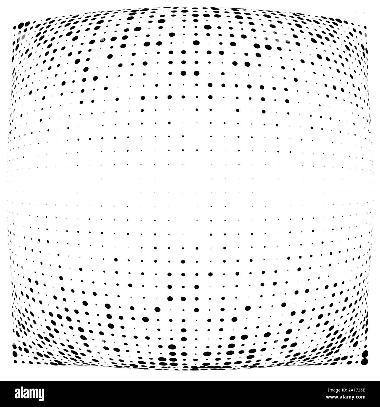 Half-tone dots. Dotted, circles pattern. Sphere, orb or globe distortion speckles. Diffuse radial, radiating bulge, bloat warp. Polka-dot inflate desi Stock Vector