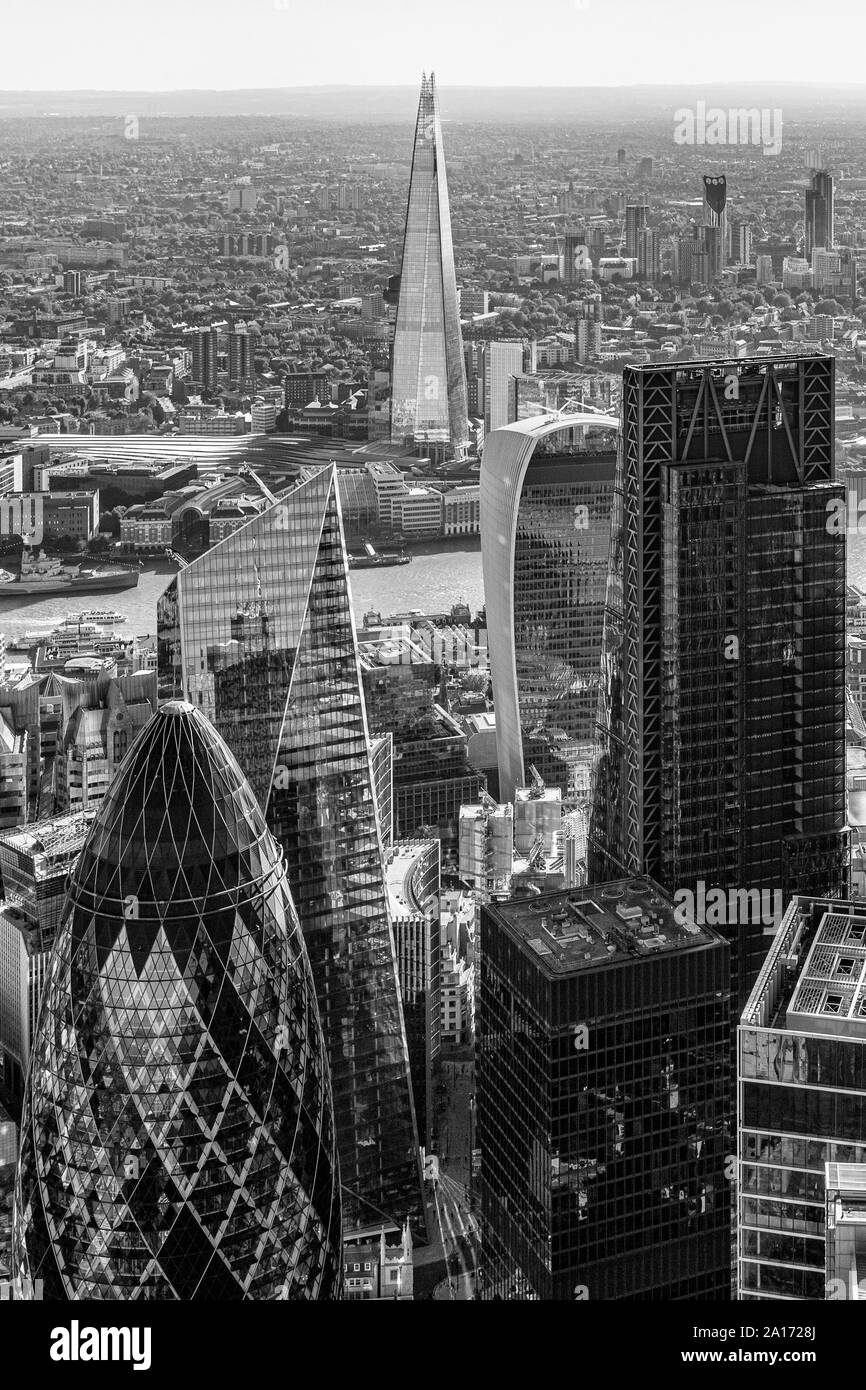 September 2019, Aerial photographs of the City of London skyscrapers looking towards The Shard. Stock Photo