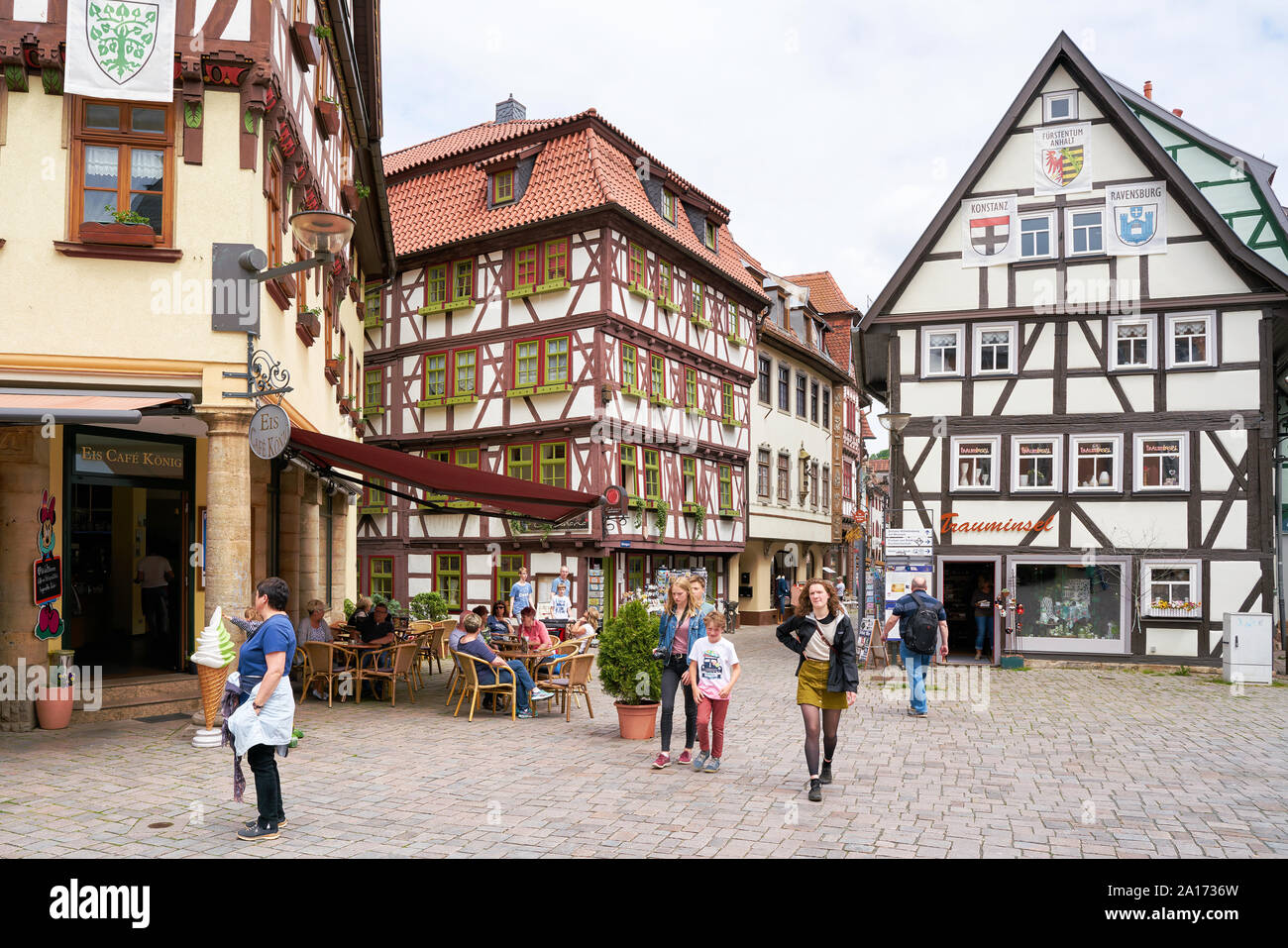 Germany, Thuringia, Schmalkalden, half-timbered house in the old town, Café  Aunt Clair, NKD market, pedestrian Stock Photo - Alamy