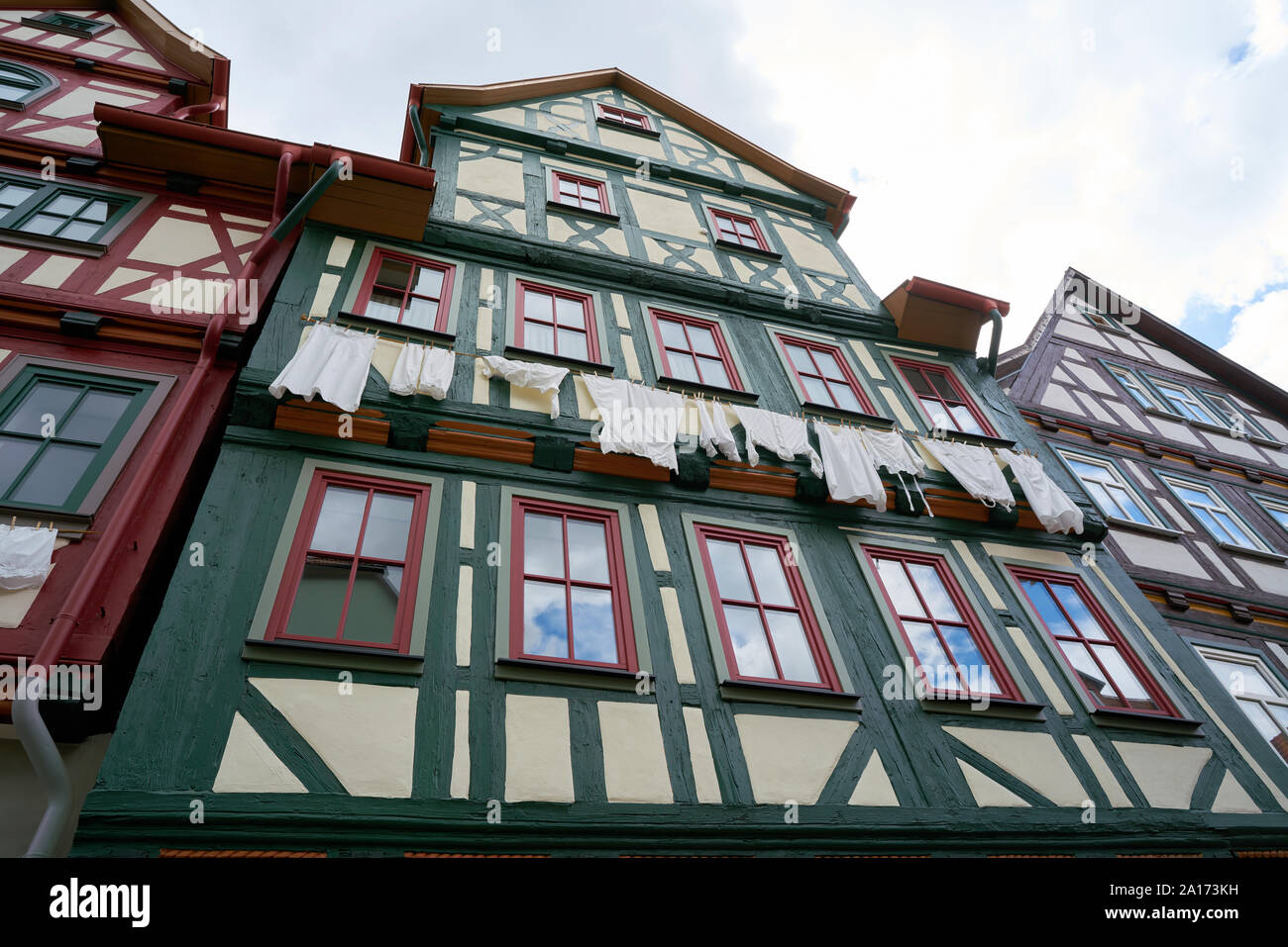Clothesline on a half-timbered house in the historic old town of Schmalkalden in Thuringia in Germany Stock Photo