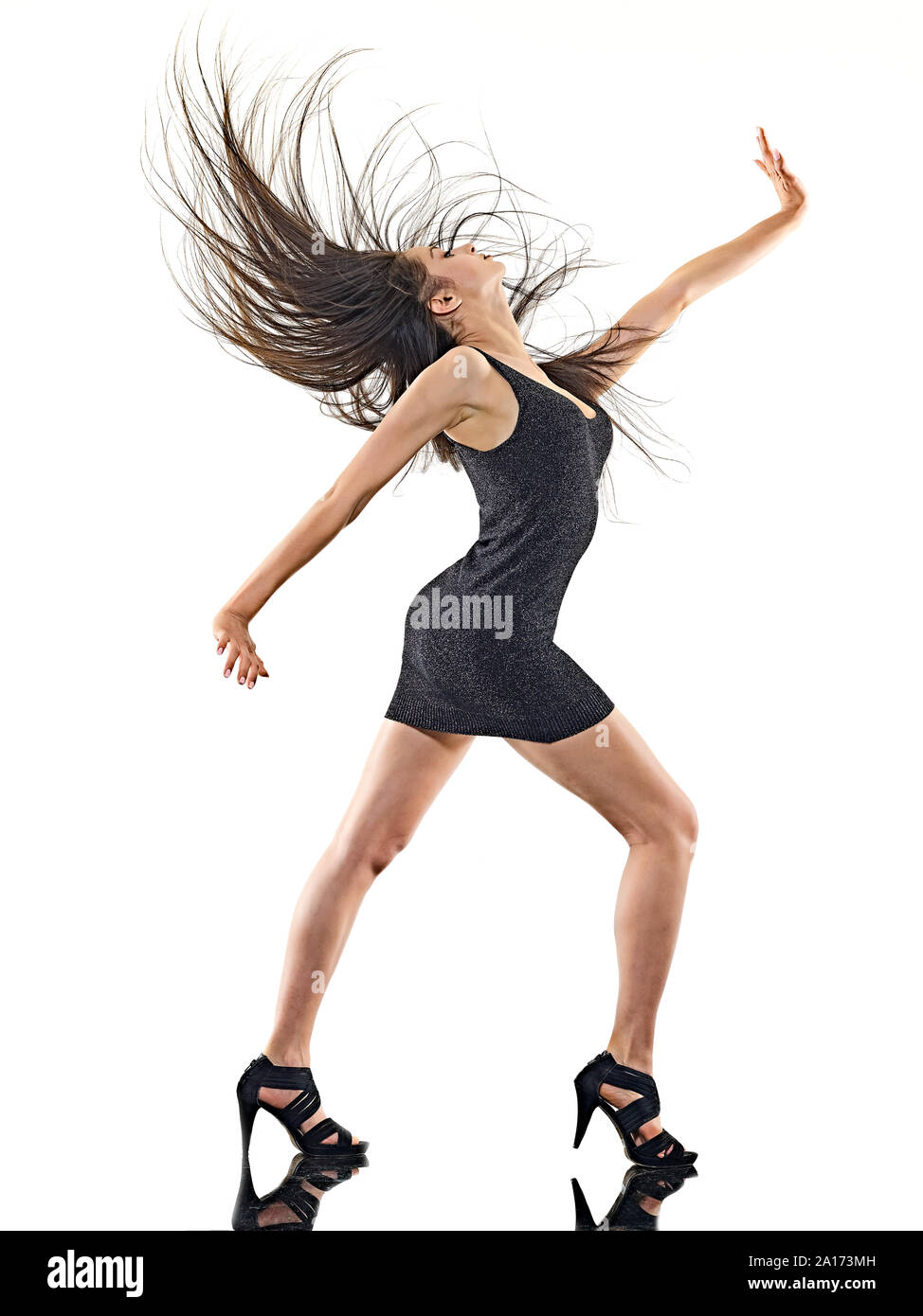 one young beautiful long hair caucasian woman disco happy dancer dancing studio shot isolated on white background Stock Photo