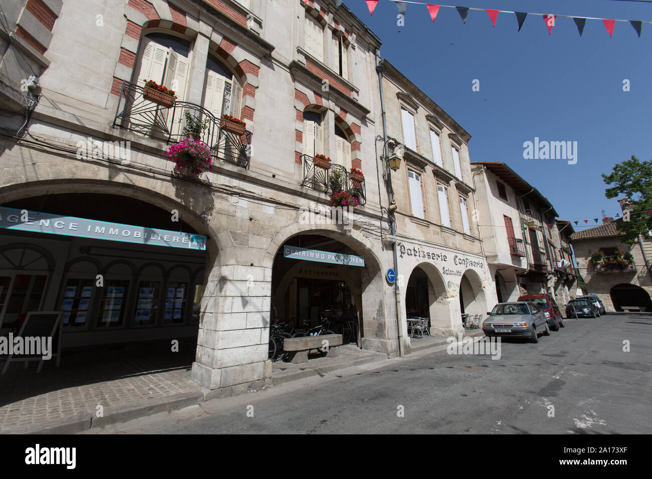 SainteFoylaGrande, France. Picturesque view of shops and half