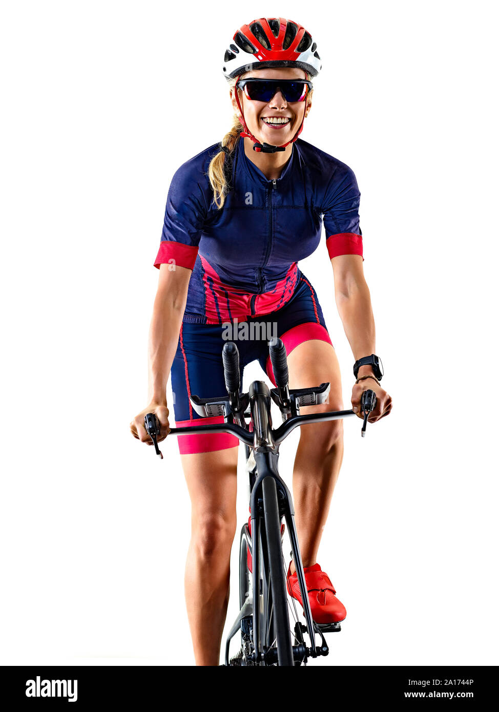 one caucasian woman practicing triathlon triathlete ironman studio shot  isolated on white background Stock Photo