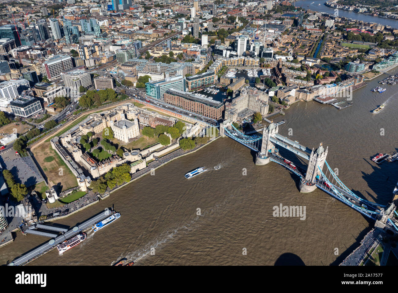 September 2019, England, London, Tower Bridge and Tower of London from above. Stock Photo