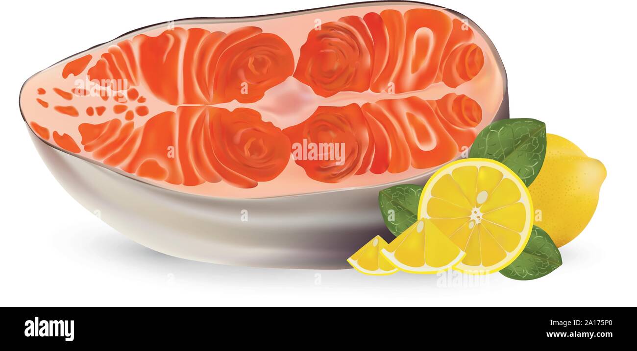 3d realistic fillet salmon with lemon. Meat salmon isolated of white ...