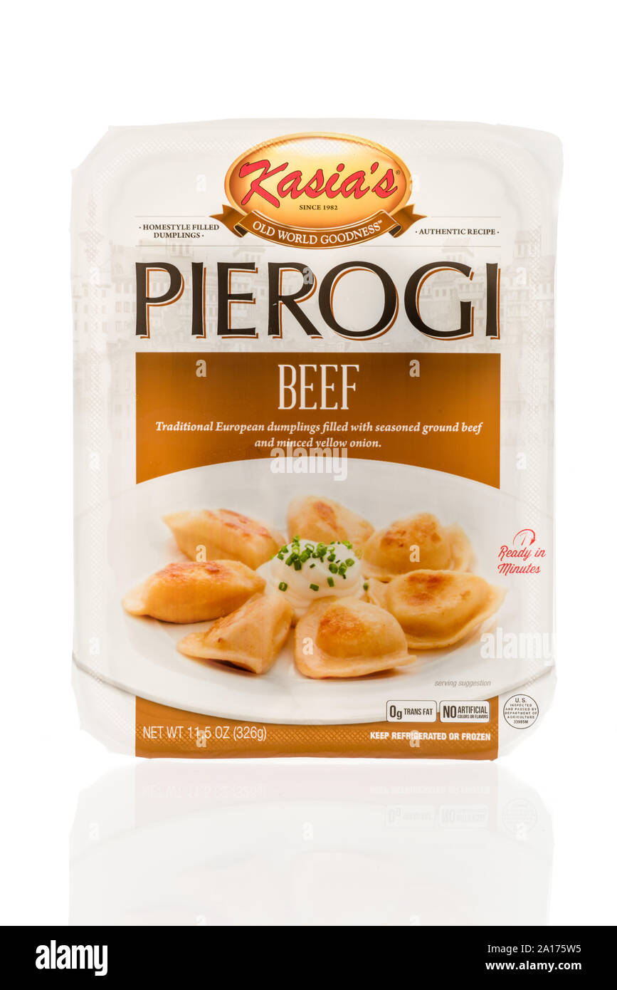 Winneconne, WI - 10 September 2019: A package of Kasias old world goodness pierogi beef dumplings on an isolated background. Stock Photo