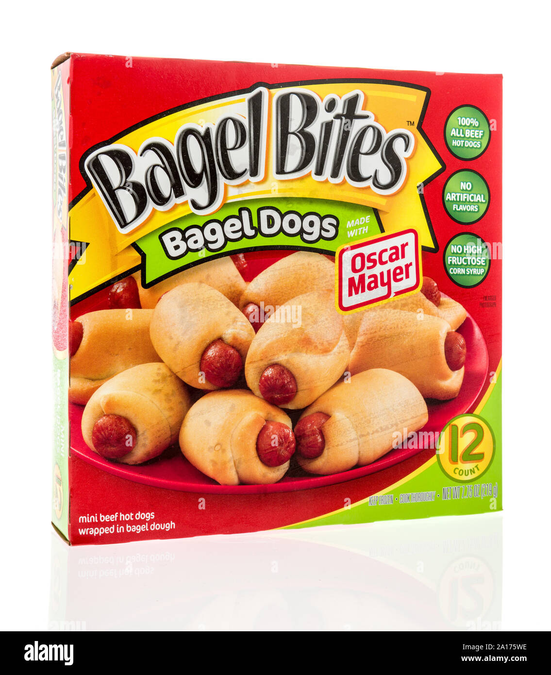 Winneconne, WI - 10 September 2019: A package of Bagel Bites bagel dogs pigs in the blanket with oscar Mayer hot dogs on an isolated background. Stock Photo