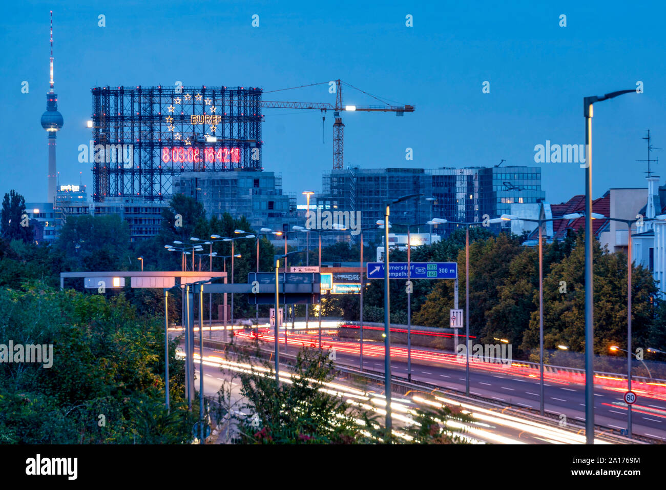 Climate Countdown at the Gasometer on the EUREF Campus in Schöneberg, A 100 highway, Stock Photo