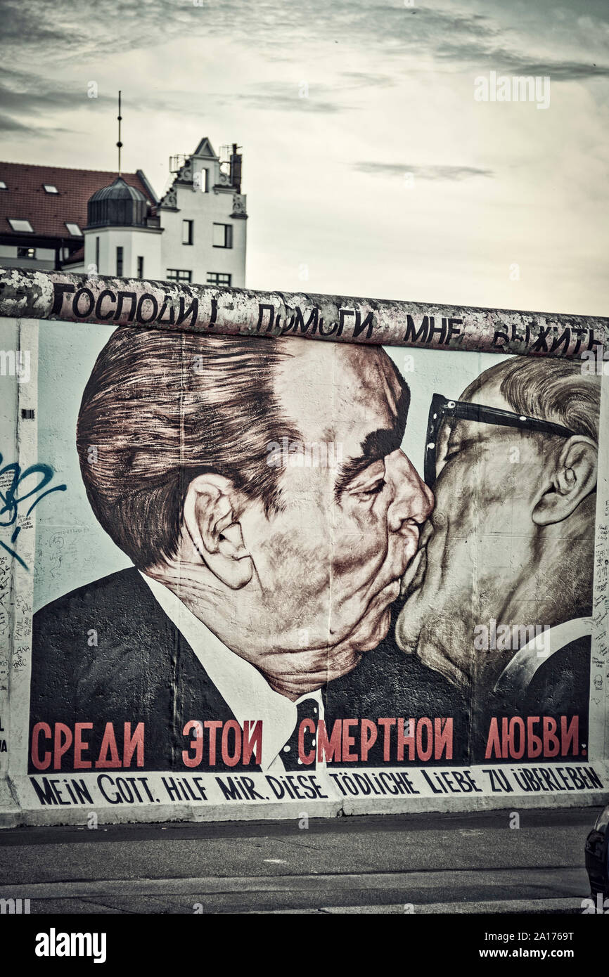 Dimitrij Vrubel, brother kiss of Leonid Breschnew and Erich Honecker, ' God help me to survive this mortal love , East Side Gallery, Berlin, Stock Photo