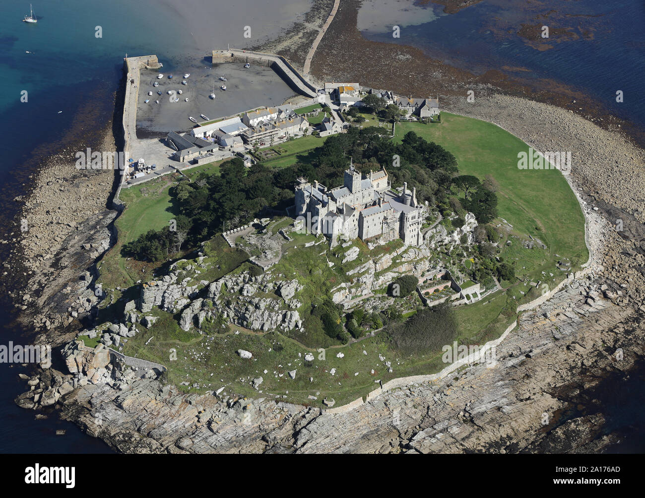 Aerial view of the stunning St. Michael's Mount in Cornwall, UK from