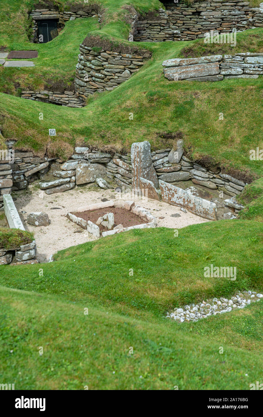 Skara Brae, a stone-built Neolithic village located on the Bay of Skaill on the west coast of the Orkney Islands in Scotland. Stock Photo