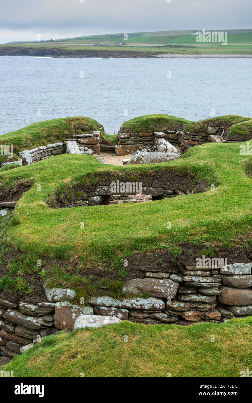 Skara Brae, a stone-built Neolithic village located on the Bay of Skaill on the west coast of the Orkney Islands in Scotland. Stock Photo