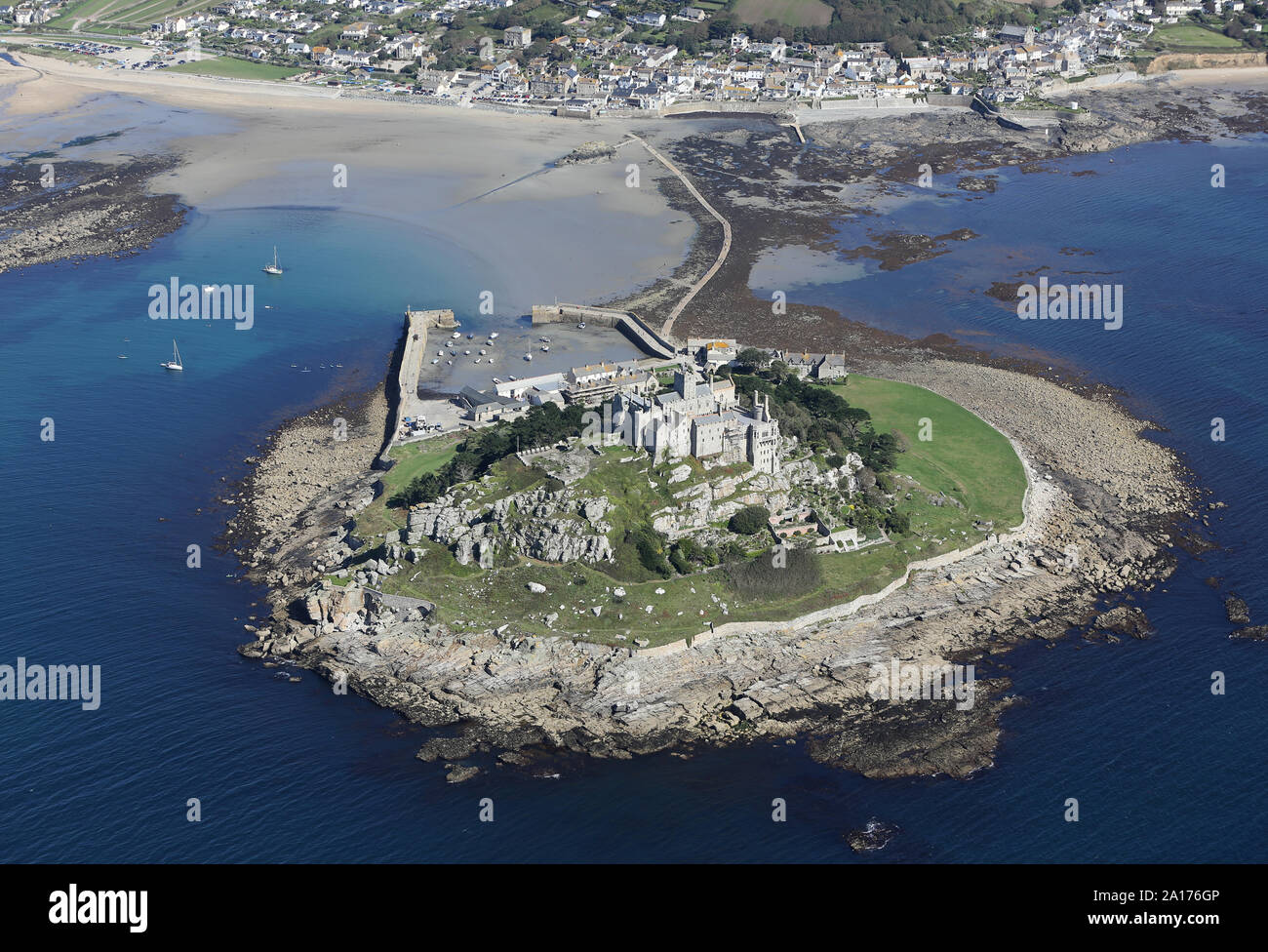 Aerial view of the stunning St. Michael's Mount in Cornwall, UK from the sea/southern elevation