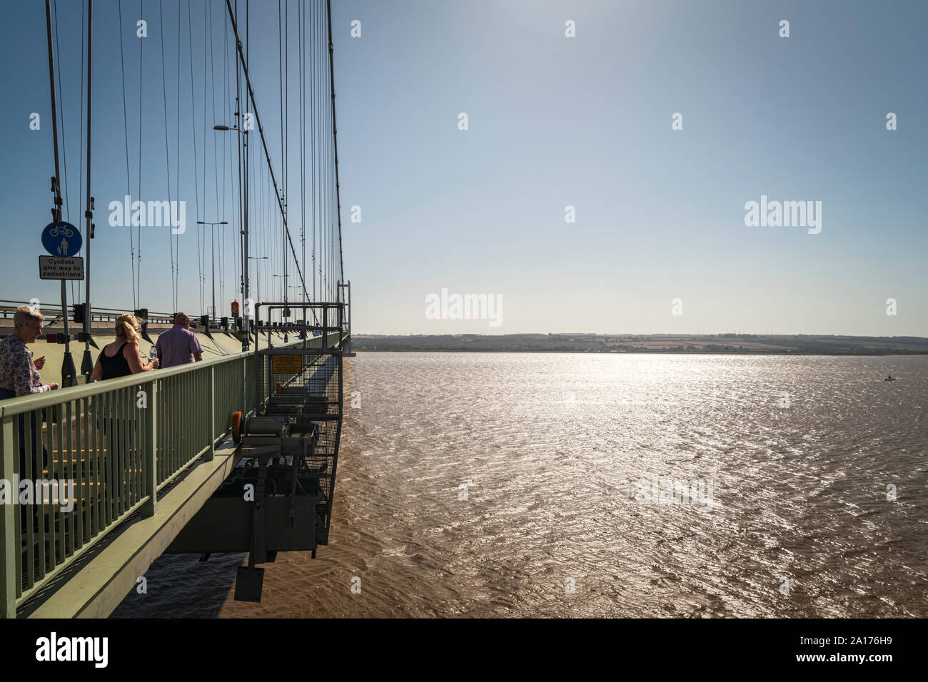 The west side walkway on the Humber Bridge crossing the River Humber from Hessle, Yorkshire to Barton on Humber, Lincolnshire. England. 21 Sept 2019 Stock Photo