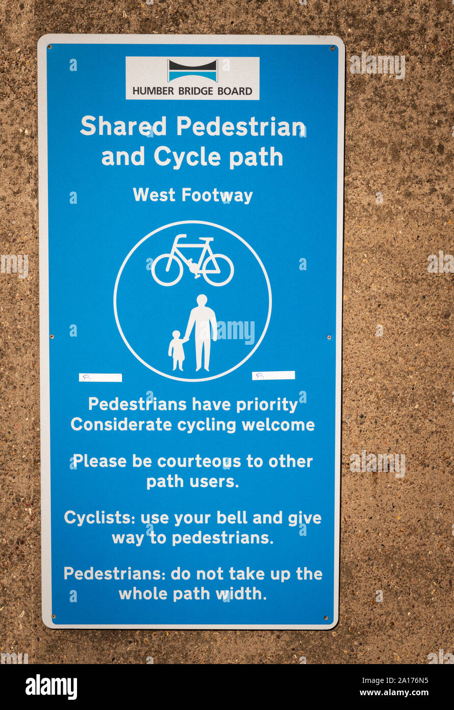 Shared Pedestrian and Cycle path sign on the West Footway of the Humber Bridge, East Yorkshire, England. 21 September 2019 Stock Photo