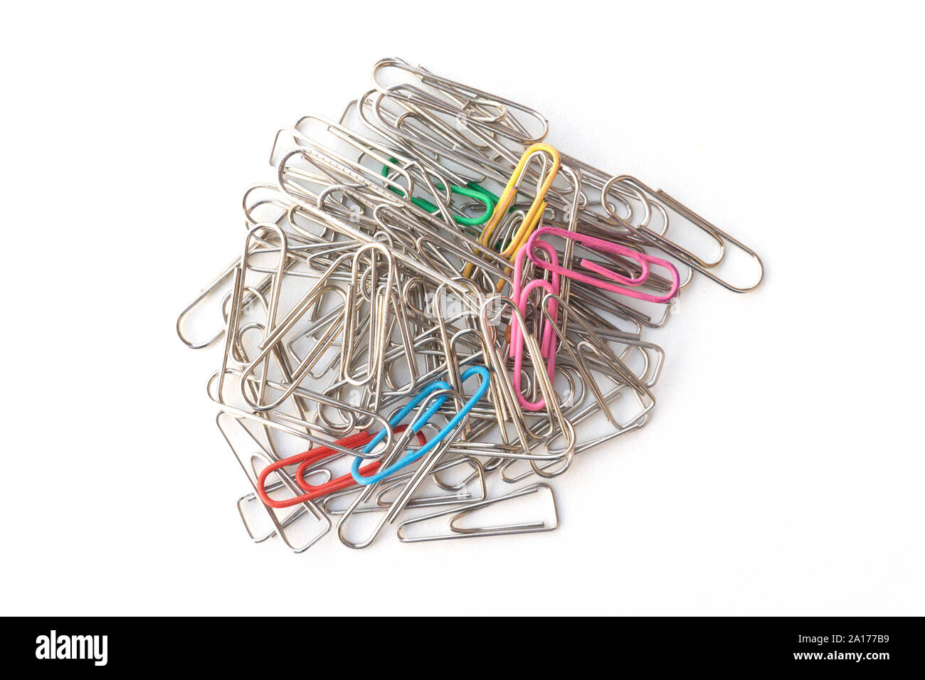 Multi Colored Paperclips on white background Stock Photo