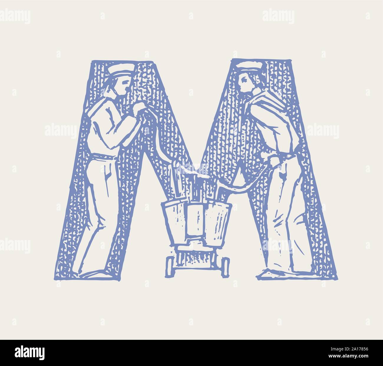 Decorative capital letter M. Marine ancient style. Waves and the sea in ...
