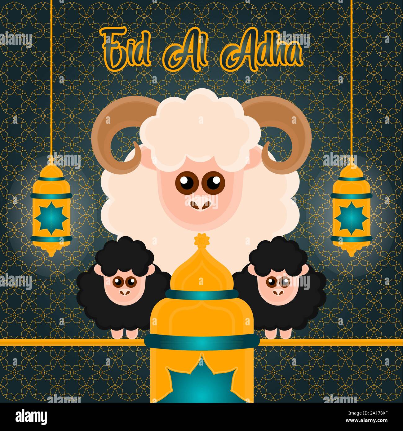 Eid al Adlha poster with a ram and lanterns - Vector illustration Stock  Vector Image & Art - Alamy